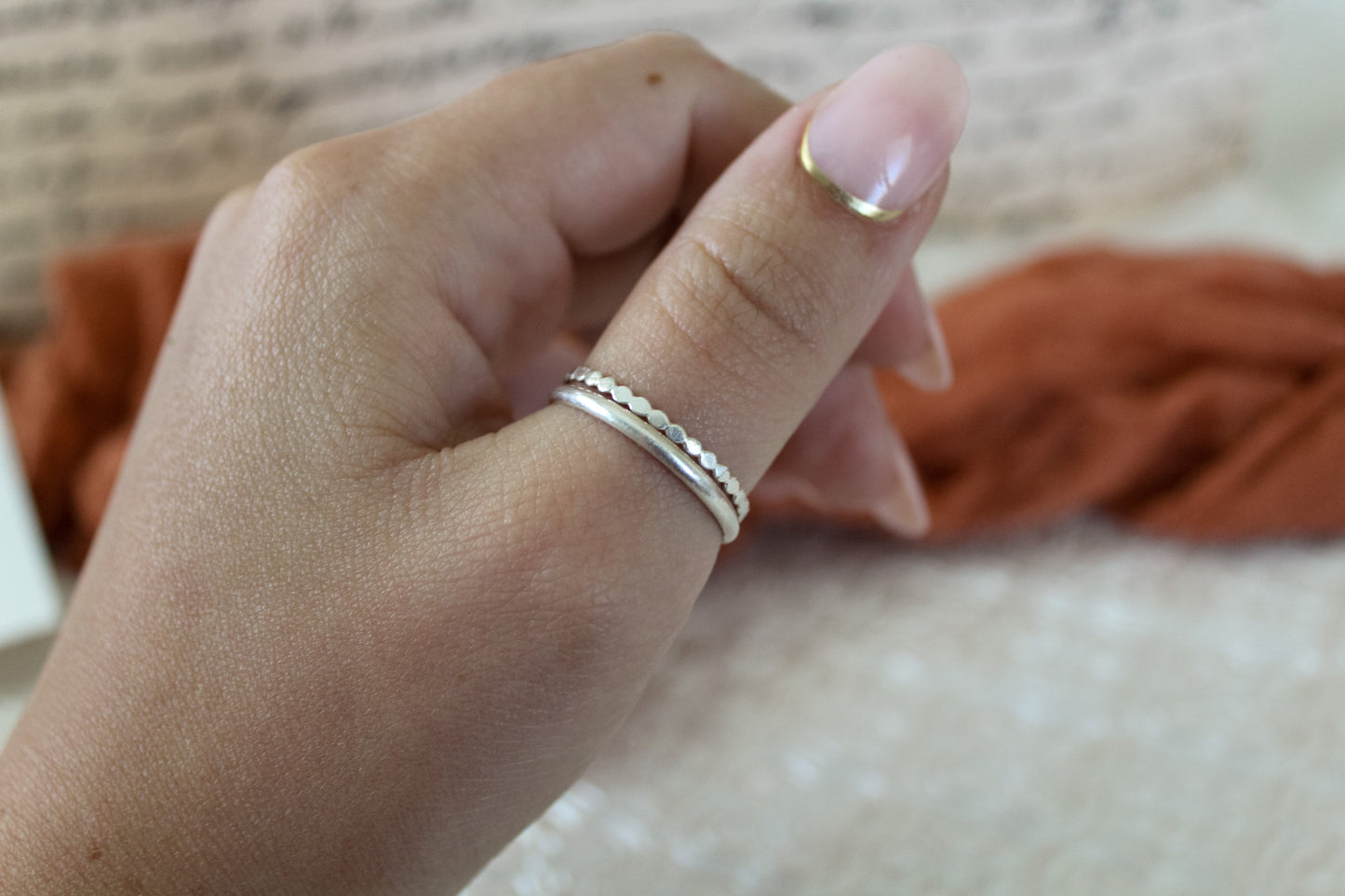 Flat Beaded Silver Stackable Ring